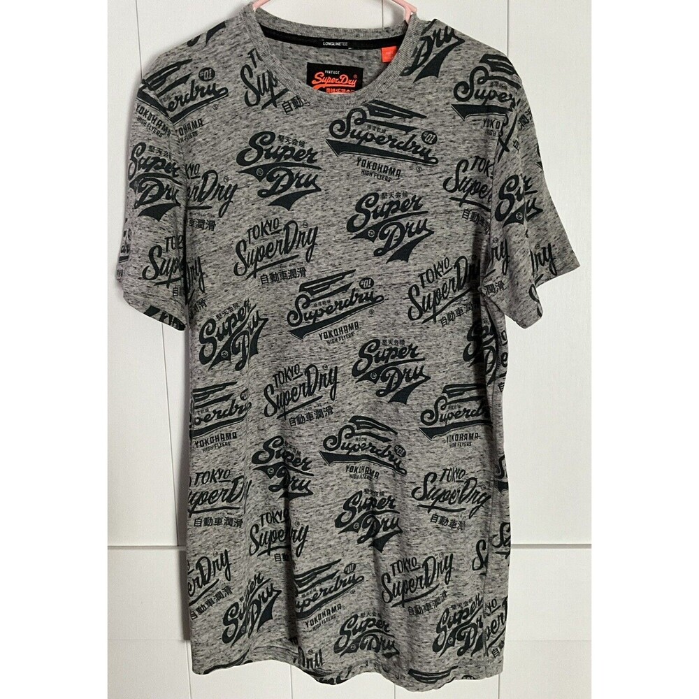 Vintage Superdry T Shirt Mens Large Long Line Gray All Over Graphic Logo